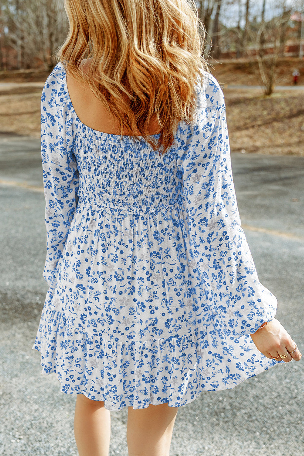 Pear Green Boho Floral Smocked Puff Sleeve Mini Dress eAura