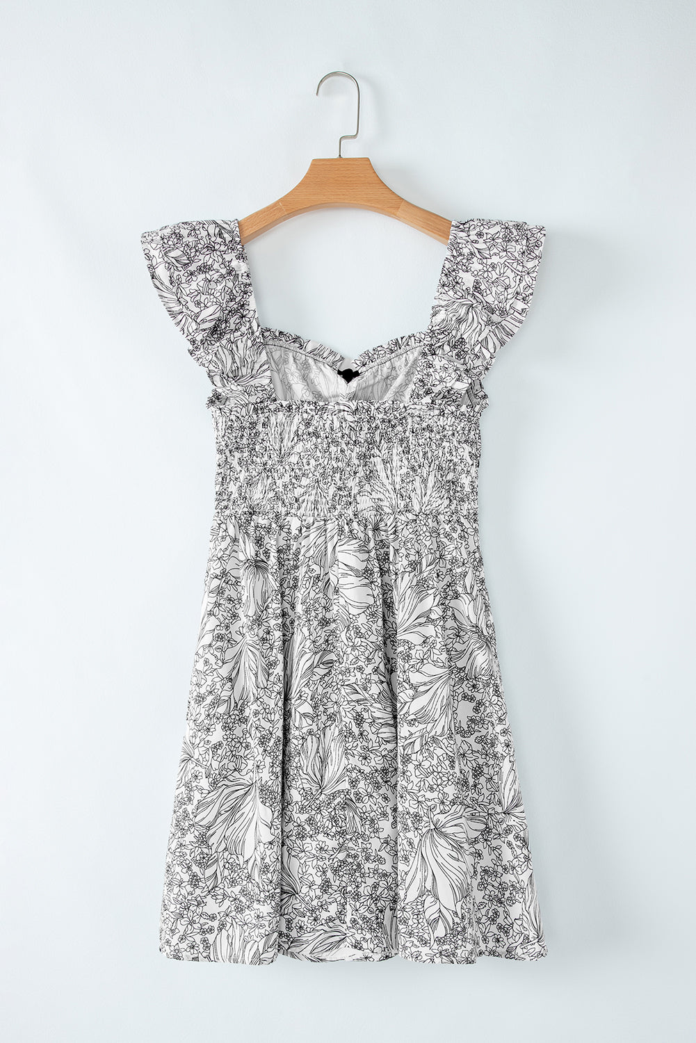White Floral Print Pipping Trim Flutter Sleeve Mini Dress eAura
