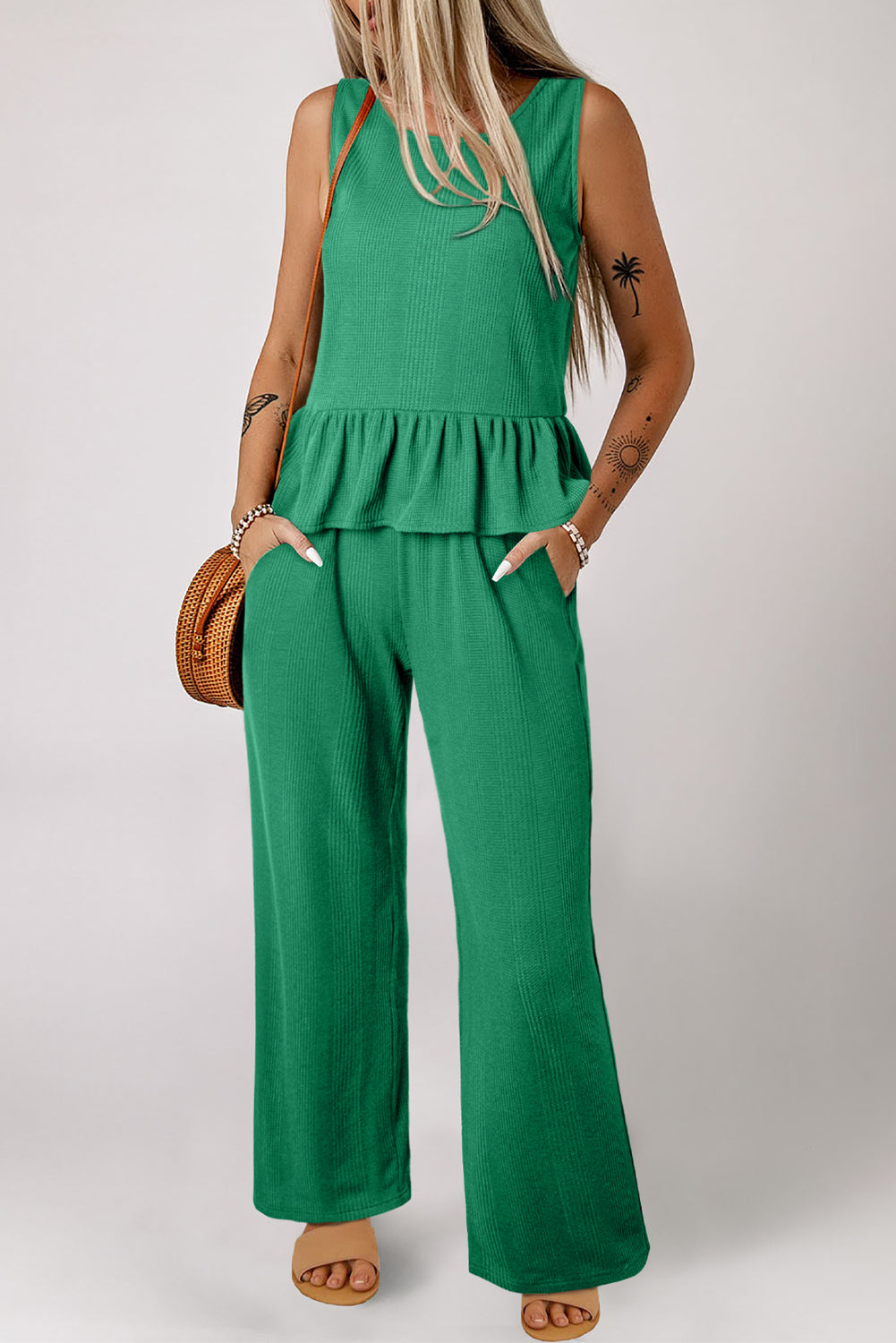 Green Solid Colour Ribbed Ruffle Tank Top and Trousers Set eAura