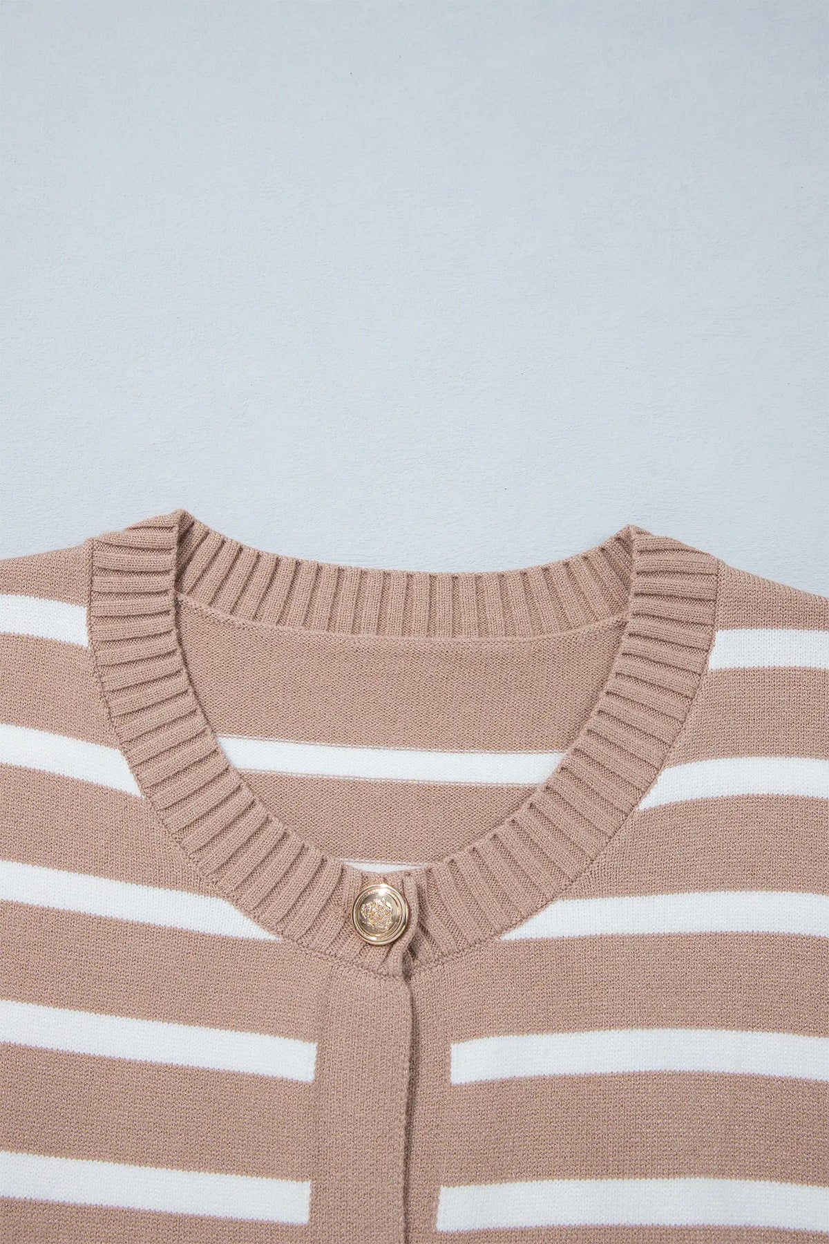 Button Down Short Sleeve Knit Plus Size Cardigan – Khaki Stripe