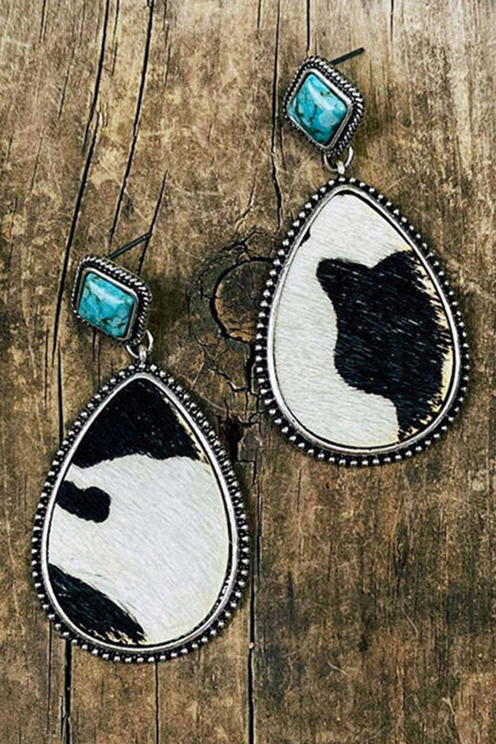Black Cow Print Turquoise Drop Earrings eAura