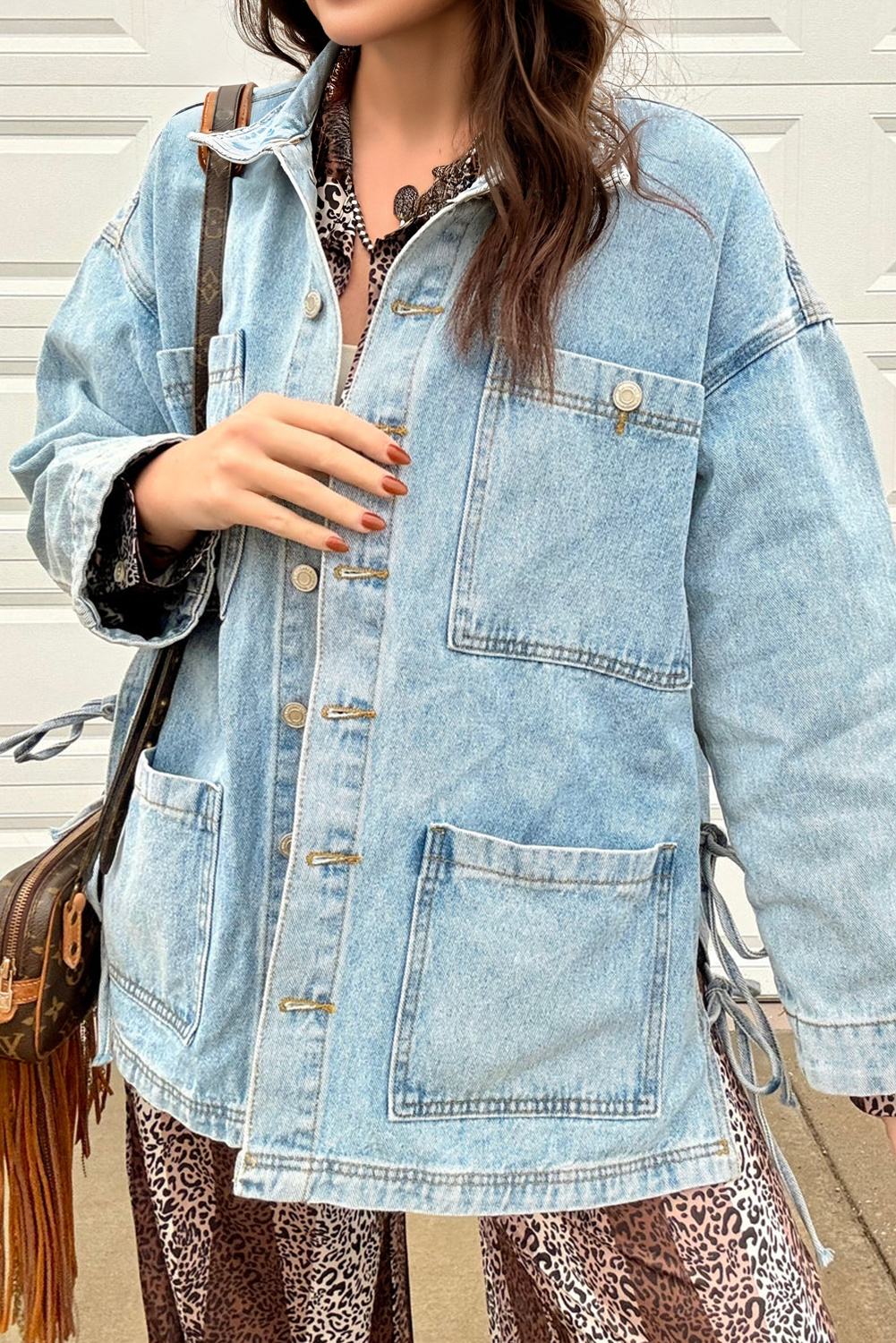 Beau Blue Multi Patched Pockets Side Tie up Boyfriend Style Denim Jacket eAura