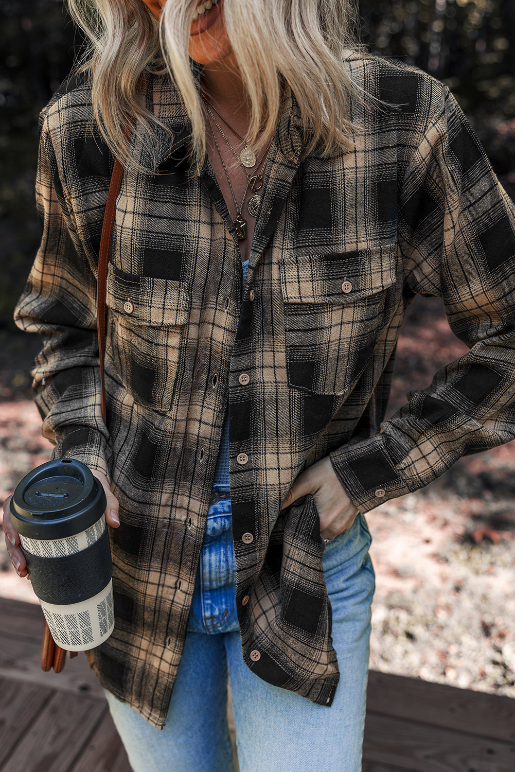 Multicolour Retro Plaid Double Flap Pocket Brushed Shacket eAura