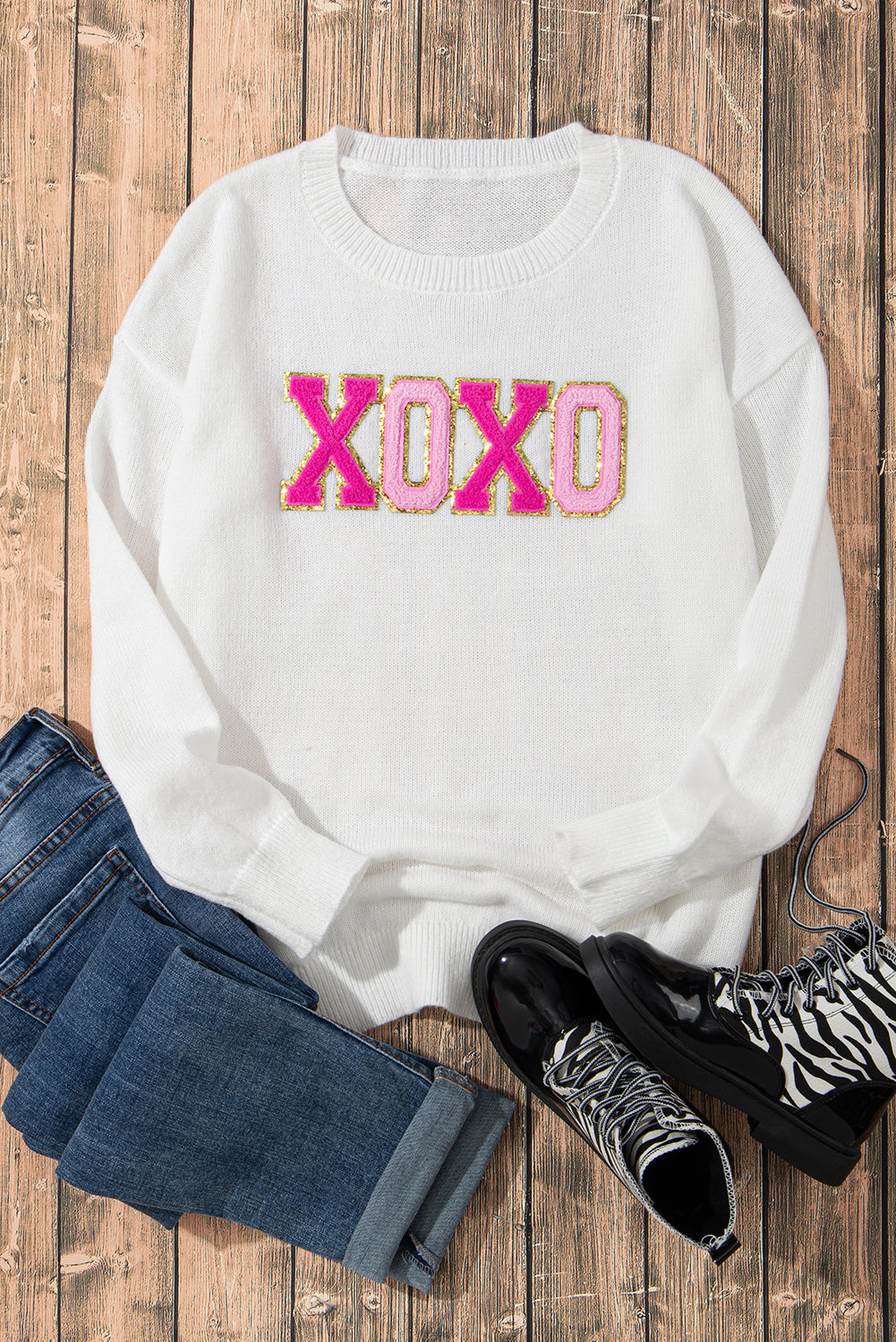 White XOXO Glitter Print Round Neck Casual Sweater eAura