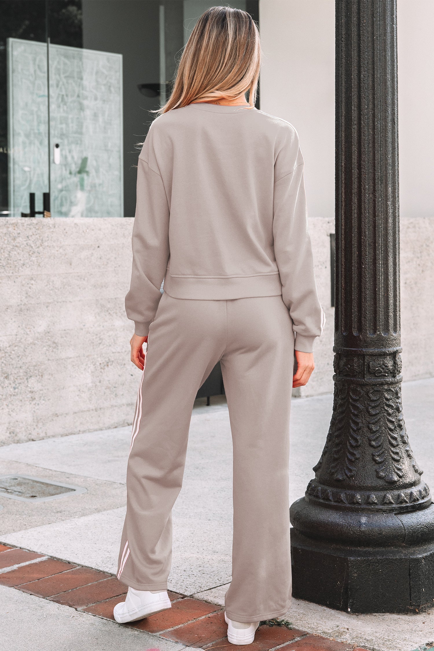 Varsity Striped Detail Crewneck Pullover Elastic Sweatpants 2pcs Co-ord - Two Piece Sets/Pant Sets