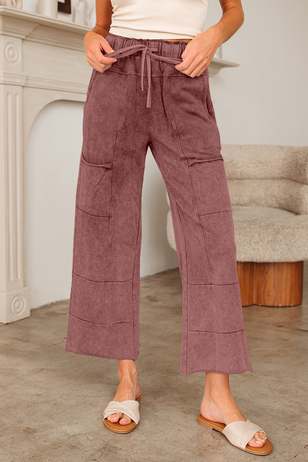 Mineral Wash High Waist Raw Hem Patched Trousers - eAura