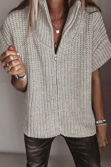Jet Stream Solid Color Short Sleeve Zipper Knit High Neck Sweater – Cream