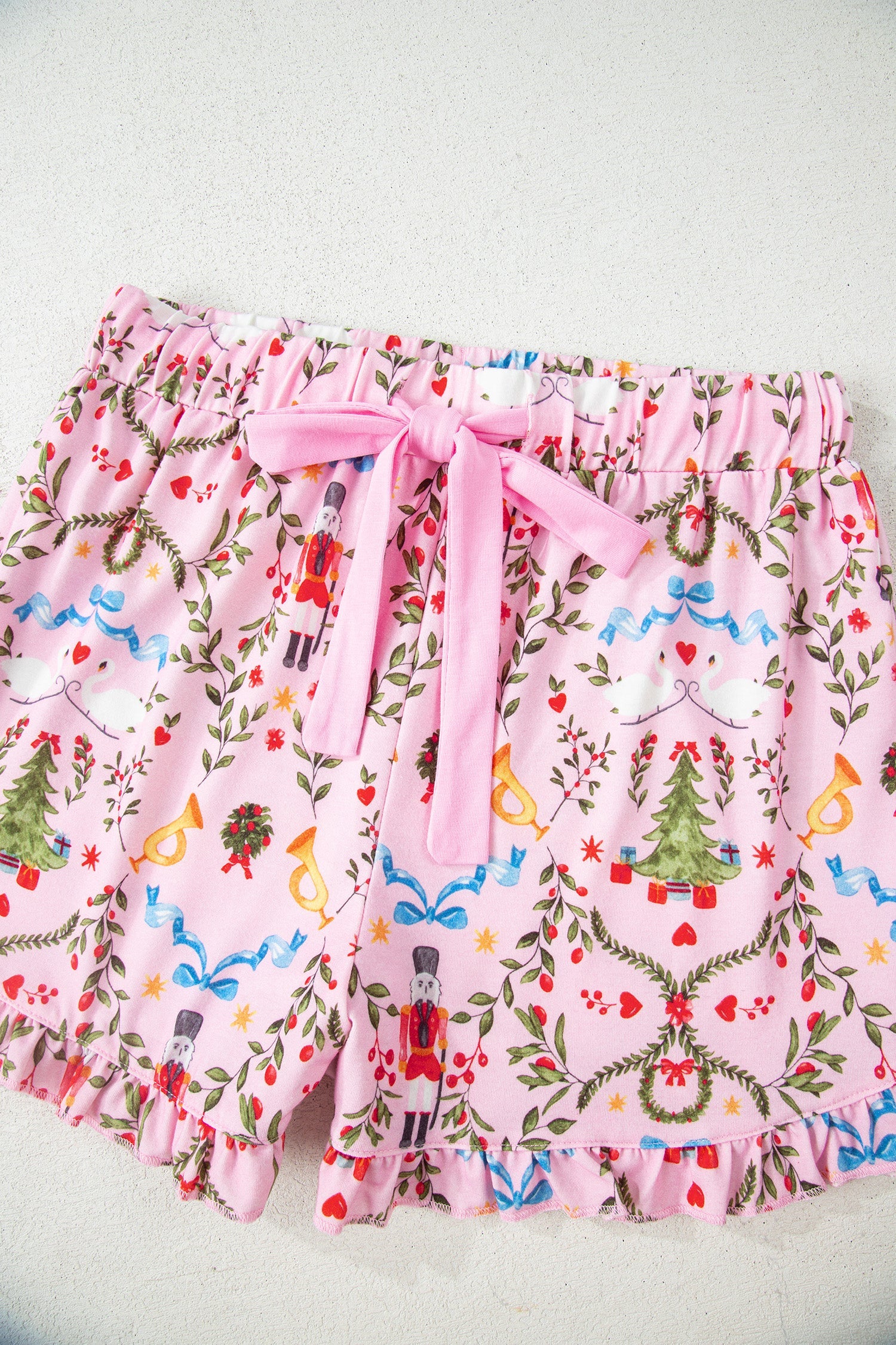 Nutcracker Doll Christmas Print Ribbon Tie Waist Short 2pcs Pajama Set - Loungewear & Sleepwear/Sleepwear