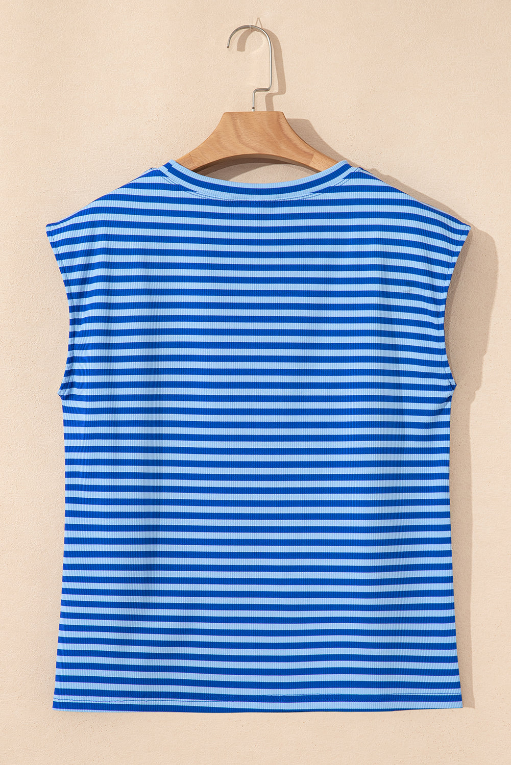 Blue Stripe Ribbed Cap Sleeve Round Neck T-Shirt eAura