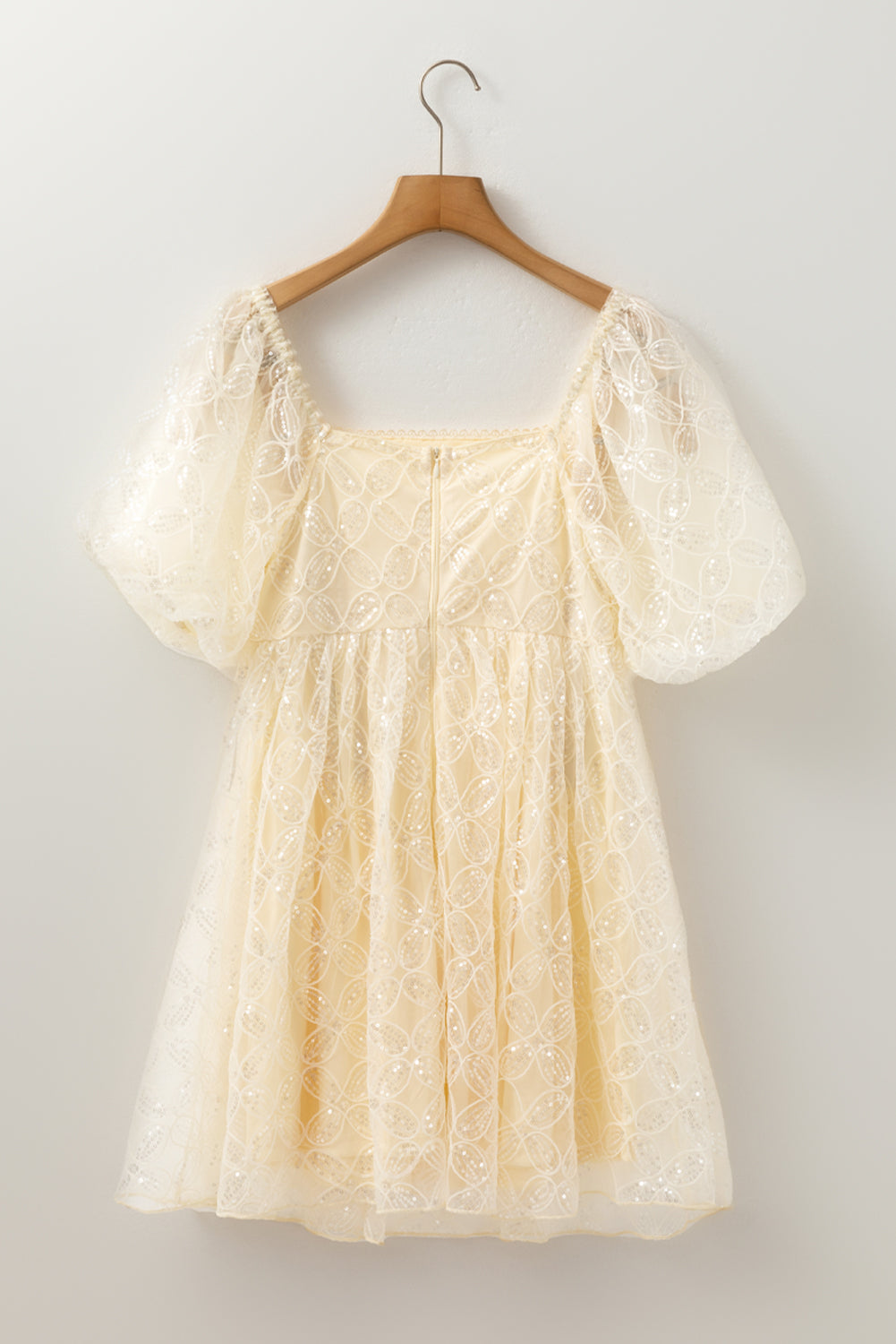 Apricot Sequined Lace Mesh Bubble Sleeve Square Neck Dress eAura