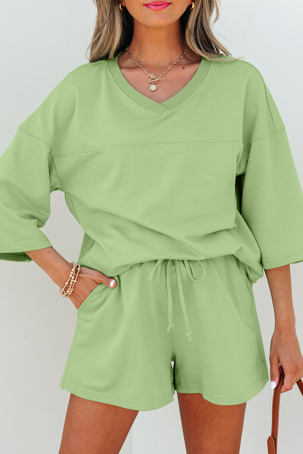 Meadow Mist Green Solid Loose V Neck Half Sleeve Tee and Shorts eAura