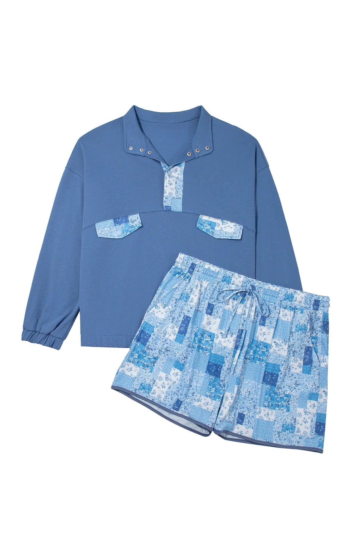 Floral Patchwork V-Neck Long Sleeve Short Bottoms Plus Size Set – Blue