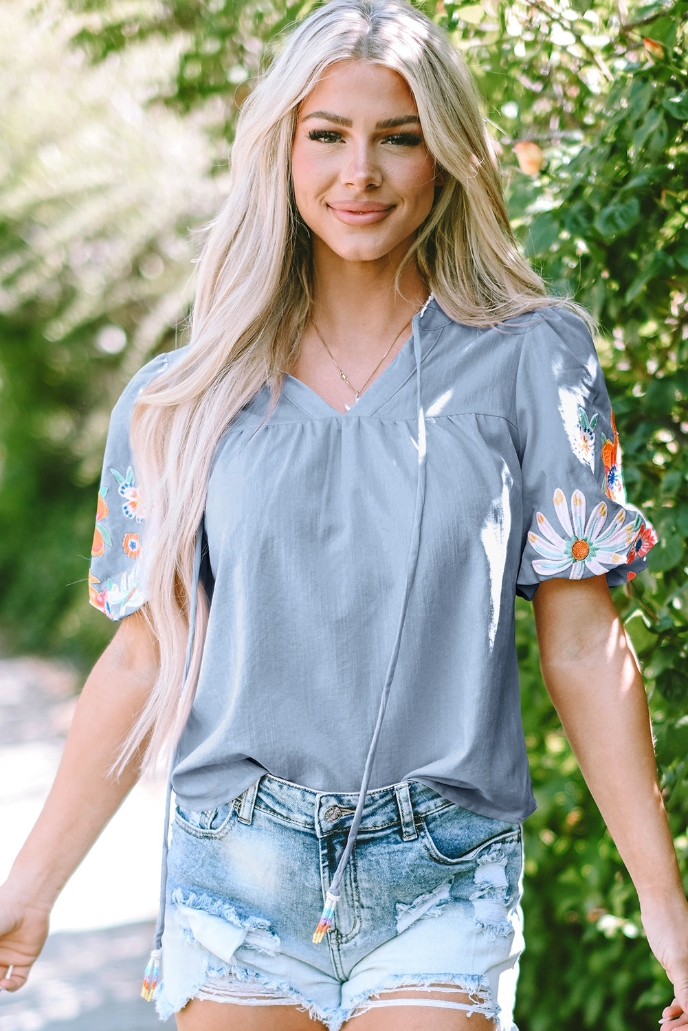 Floral Embroidered Puff Sleeve Split Neck Blouse eAura