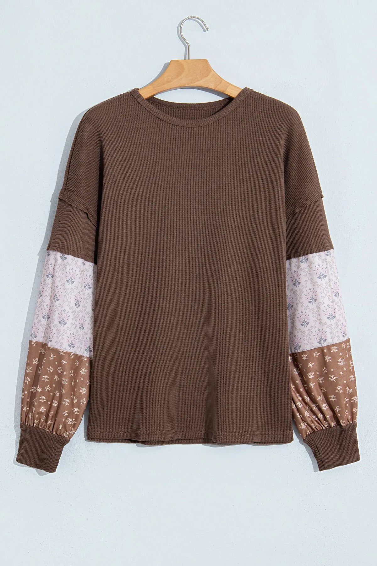 Coffee Floral Print Colourblock Long Sleeve Textured Loose Pullover Tunic Top – Brown
