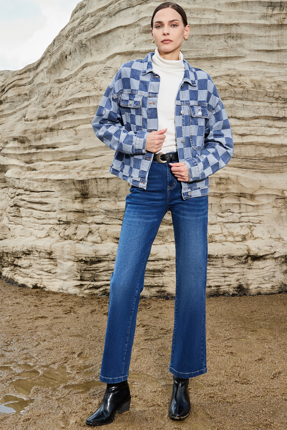 Light Blue Checkered Patchwork Button up Denim Jacket Beagle Boutique Fashion Outlet
