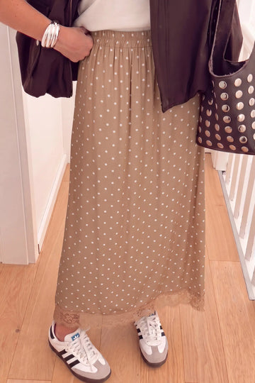 Polka Dot Lace Hem Elegant Long Shift Skirt – Khaki