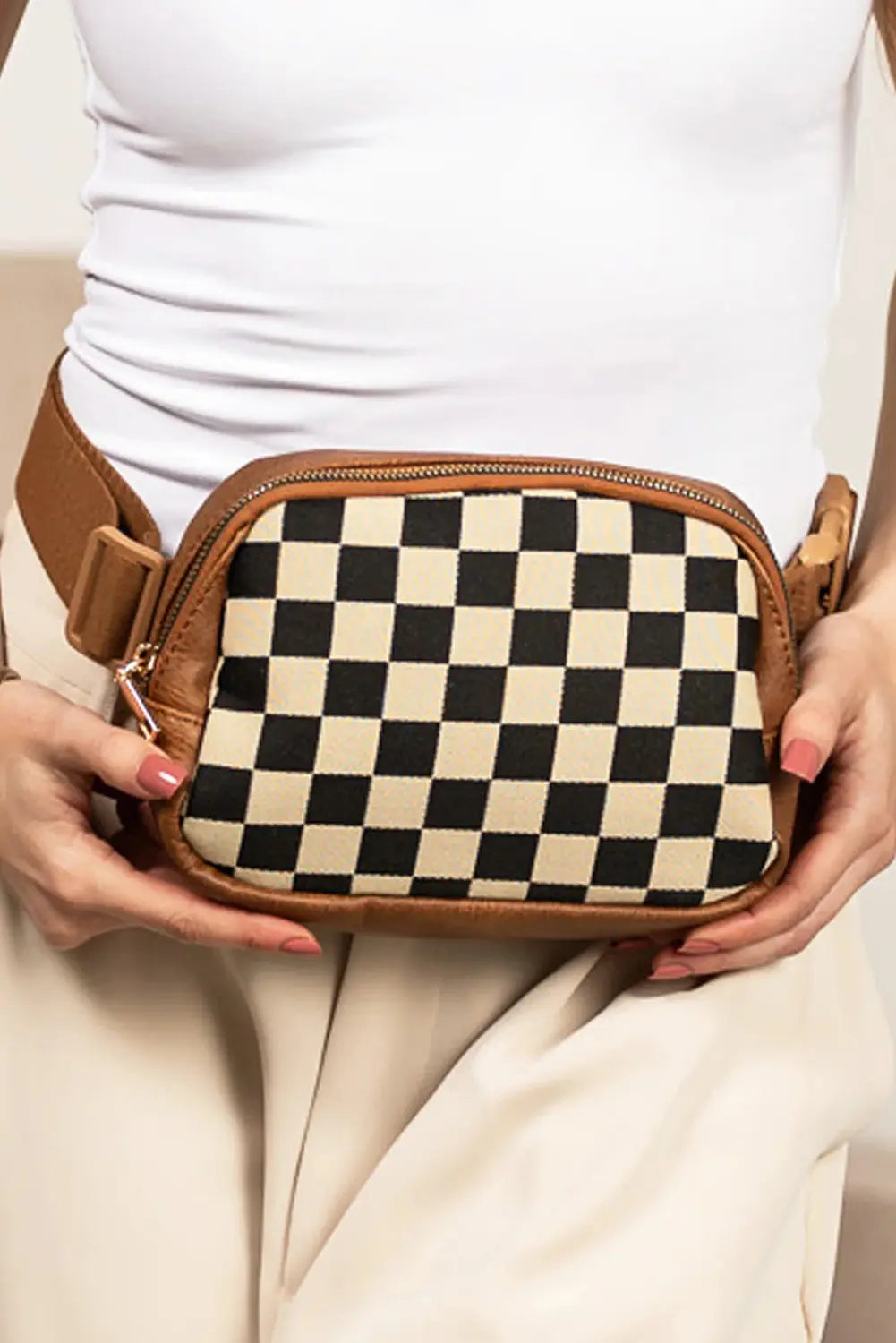 Checkered Patchwork Faux Leather Crossbody Waist Bag