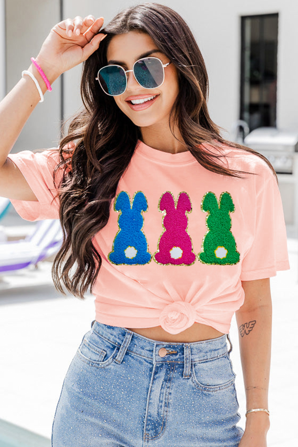 Pink Easter Bunny Chenille Patched Graphic Tee eAura