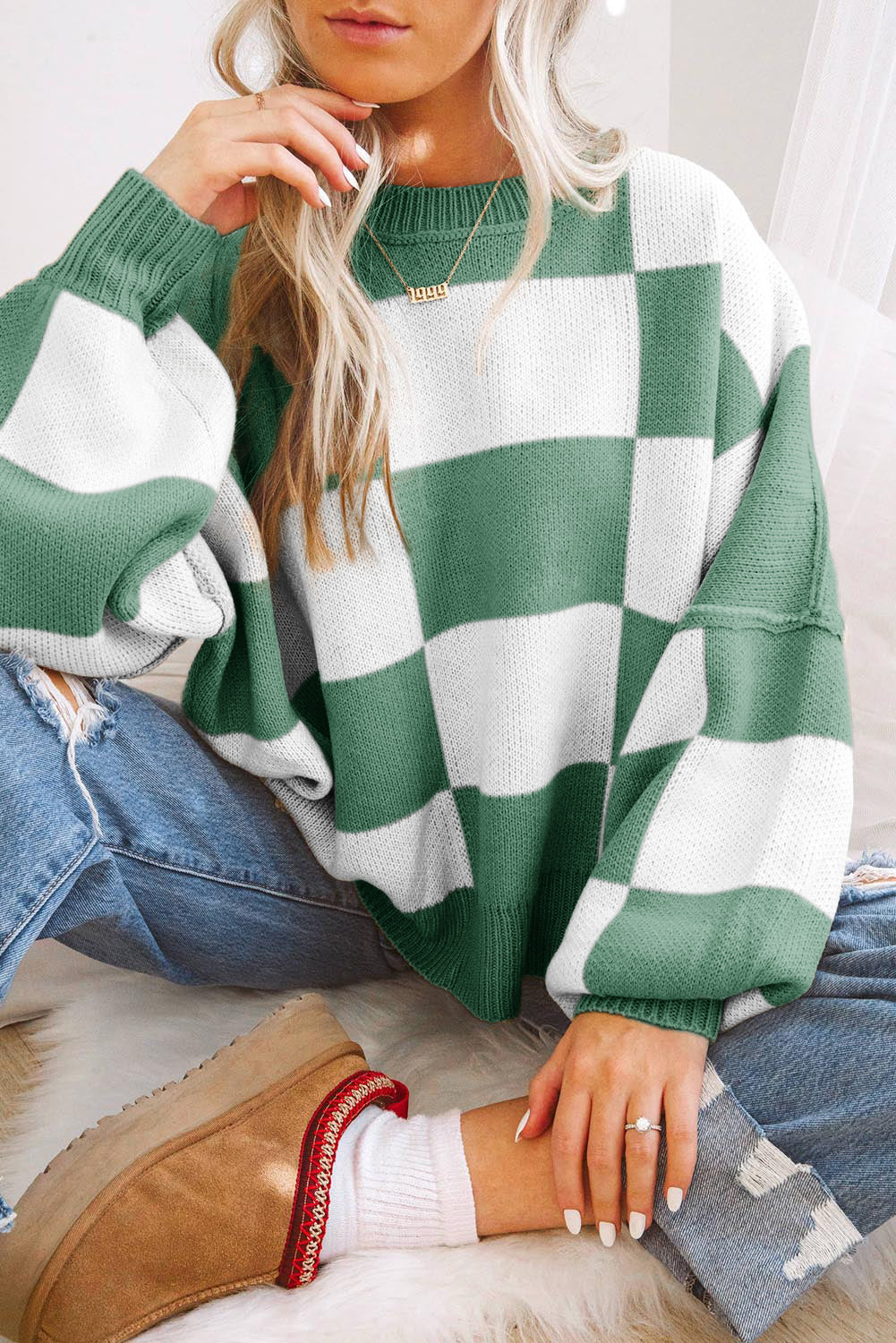 Rose Stripe Checkered Bishop Sleeve Sweater eAura
