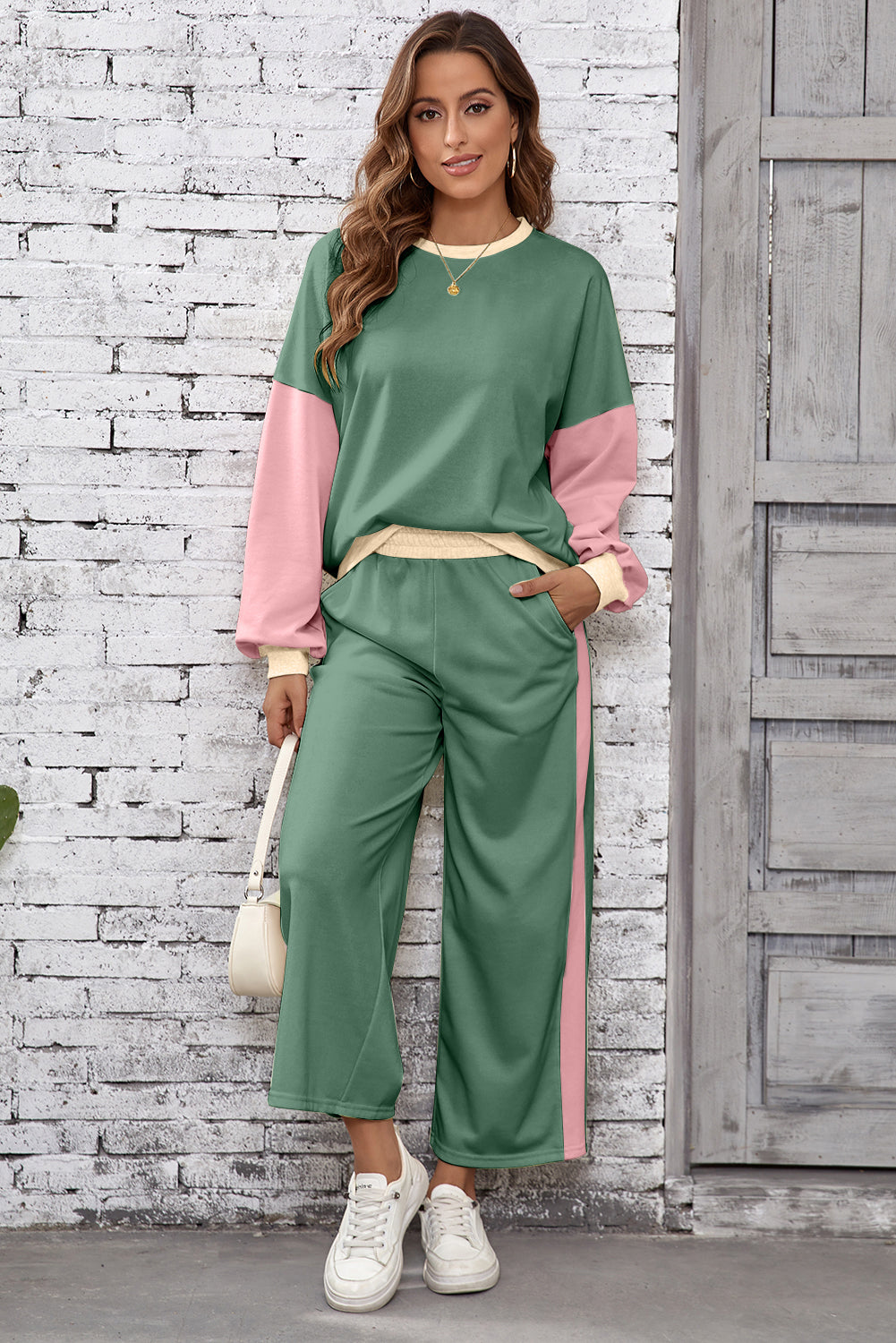 Chestnut 2pcs Color Block Pullover Loose Pant Set Dear-Lover Dropshipping