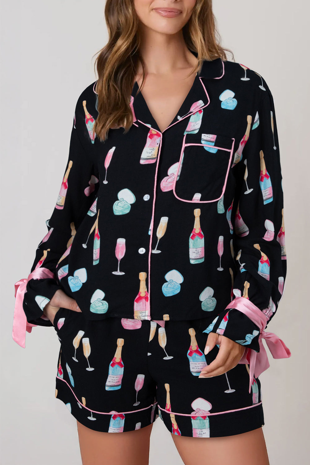Christmas Wine Glass Print Bow Knot Two Piece Pajama Set – Color Black