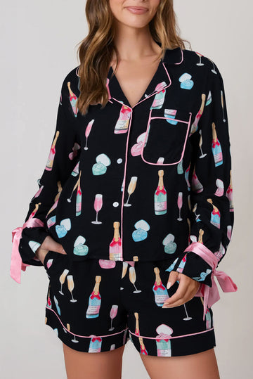 Christmas Wine Glass Print Bow Knot Two Piece Pajama Set – Color Black