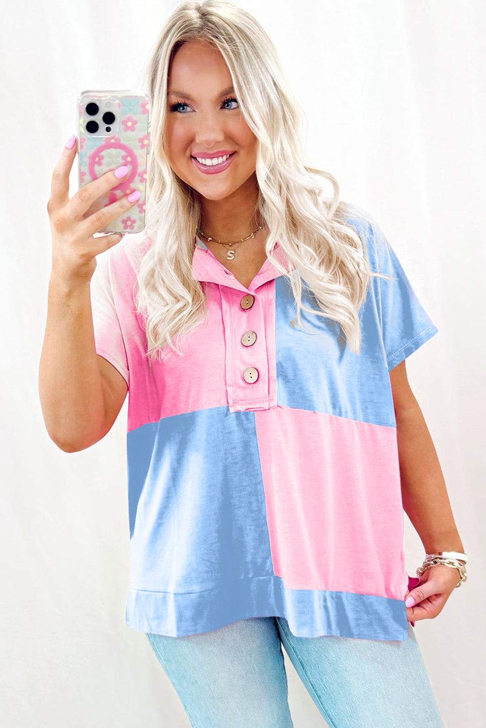 Myosotis Two Tone Half Buttons Collared T Shirt eAura