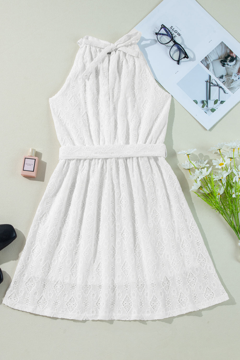 White Lace Sleeveless Knot Hollow Out Back Tied Waist Mini Dress eAura