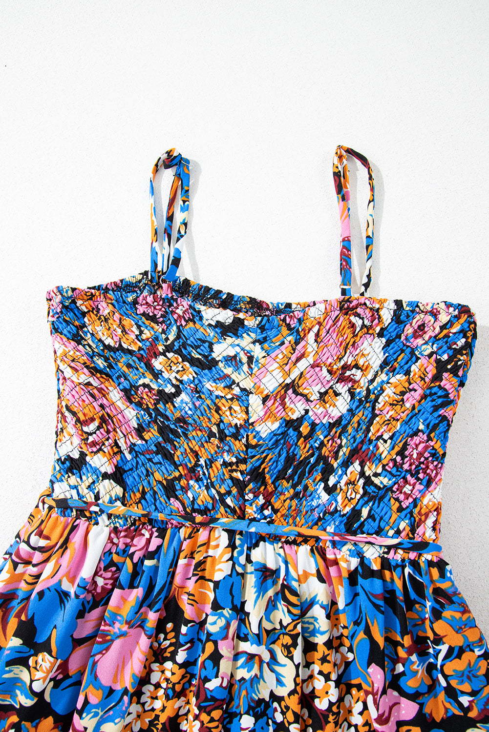 Pink Floral Smocked Bust Spaghetti Straps Wide Leg Jumpsuit eAura