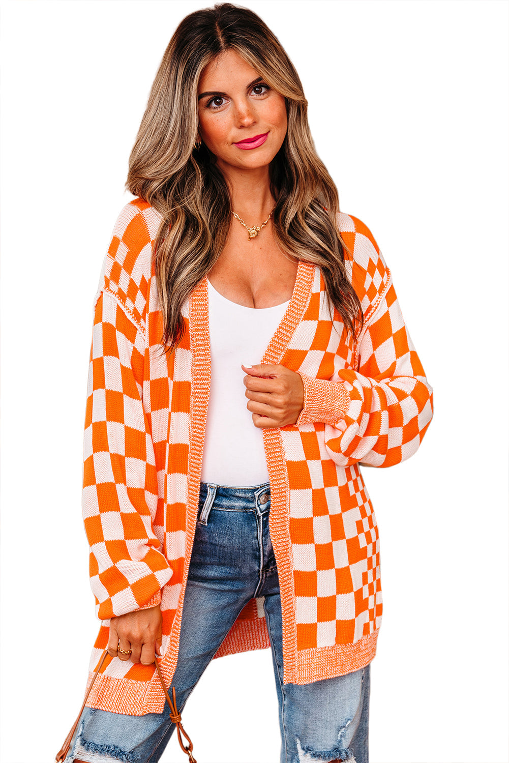 Orange Checkered Open Front Drop Shoulder Cardigan eAura