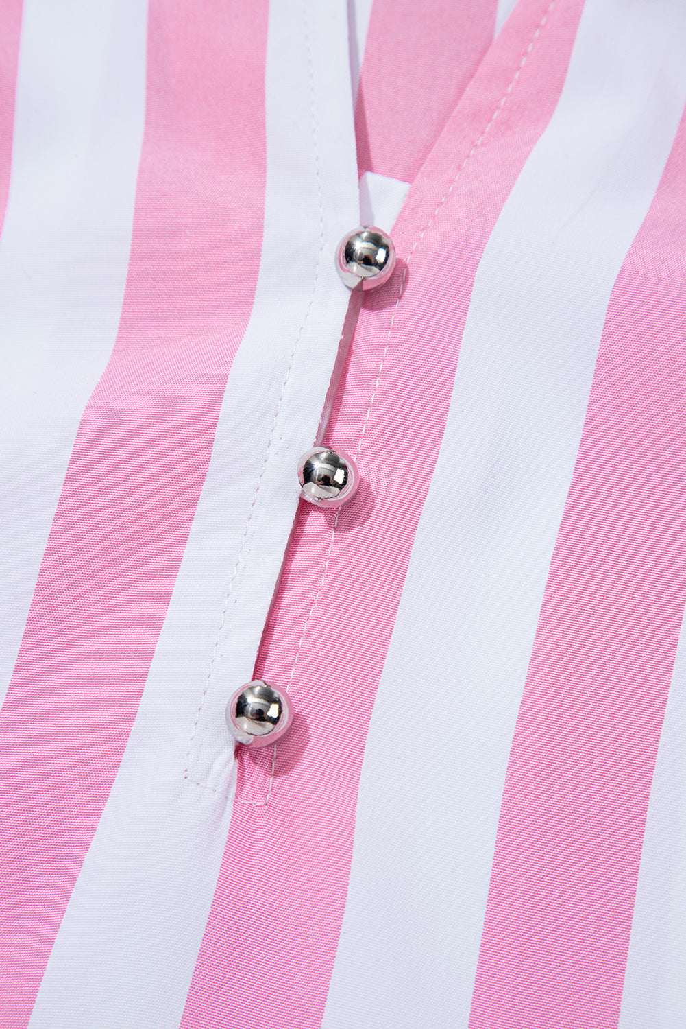 Stripe Split Neck Button Decor Front Puff Sleeve Blouse - eAura