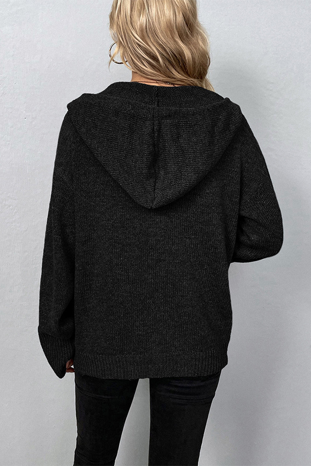 Medium Grey Drawstring Hooded Button Up Drop Shoulder Sweater Cardigan eAura