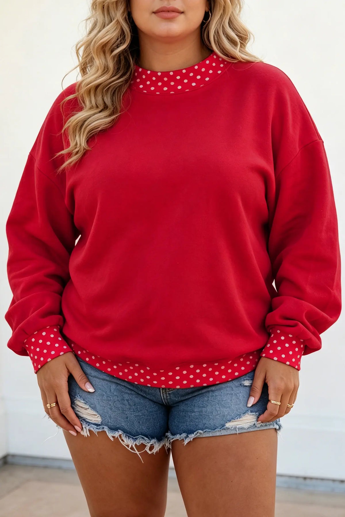 Polka Dot Patchwork Round Neck Plus Size Sweatshirt – Racing Red