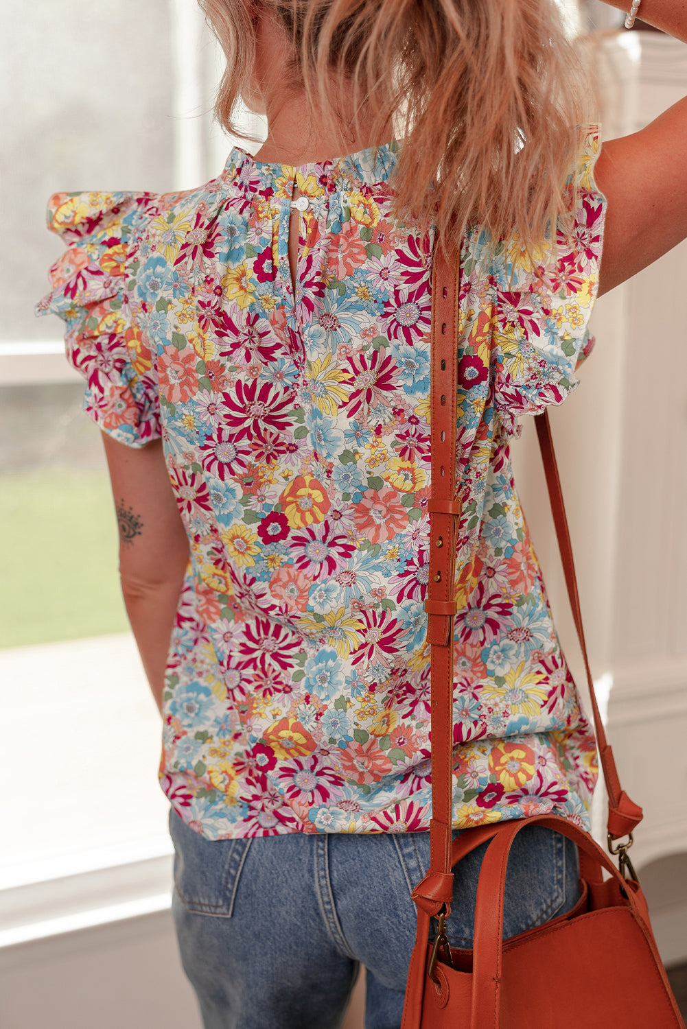 Floral Pleated Detail Flutter Sleeve Blouse eAura