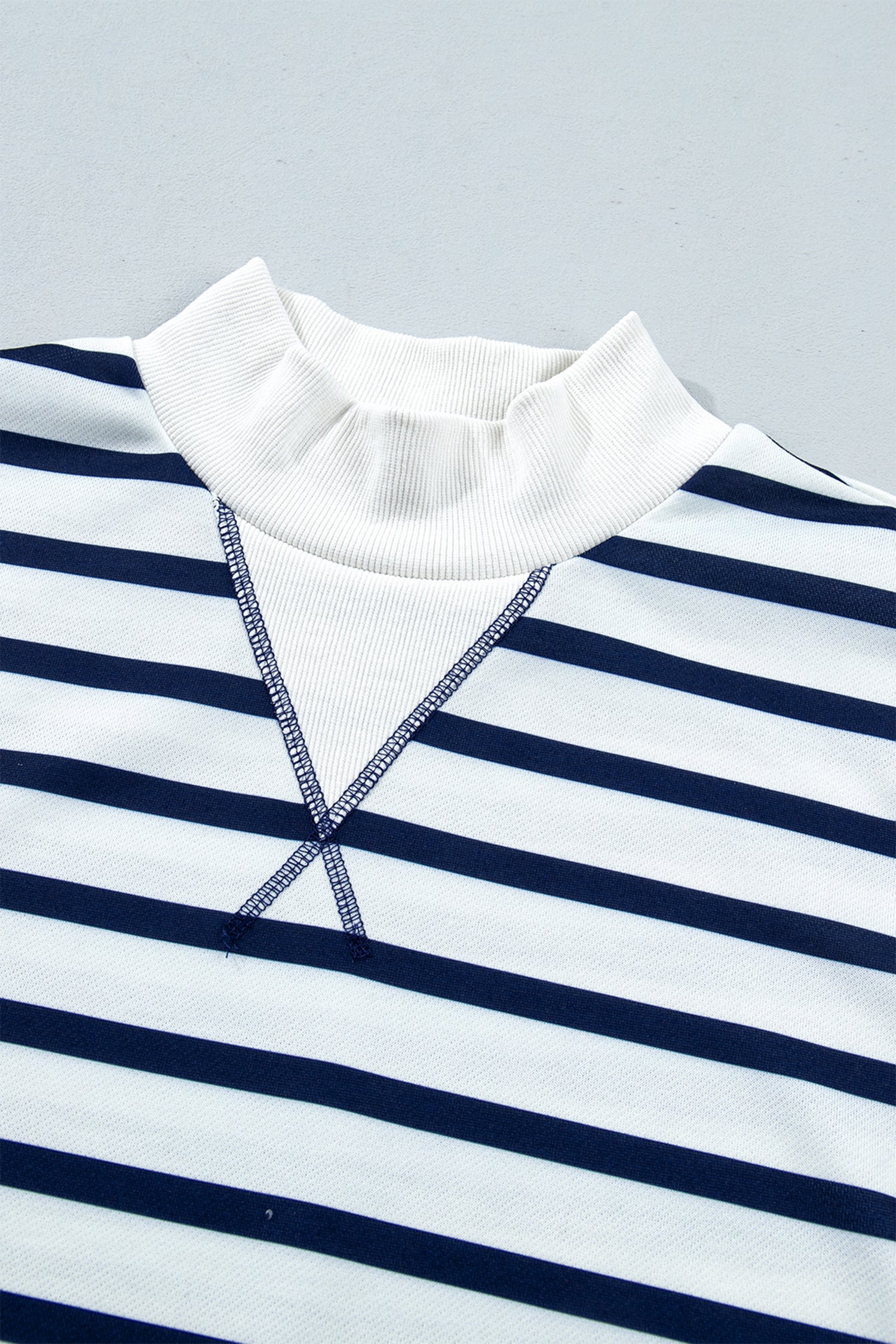 Striped Stand Neck Long Sleeve Ribbed Cuff Hem Sweatshirt – Blue Stripe
