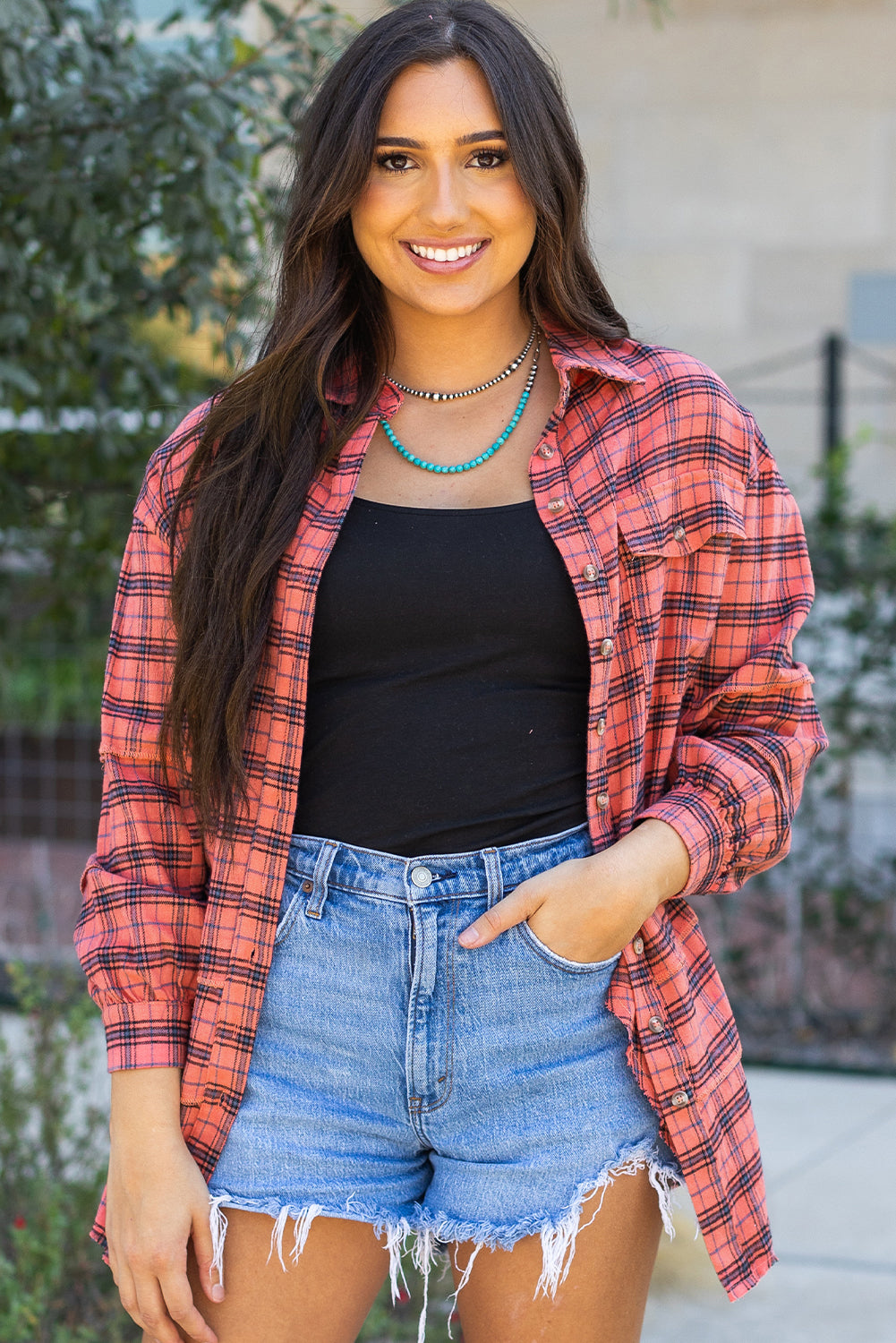 Red Plaid Long Sleeeve Side Split Distressed Hem Shirt eAura