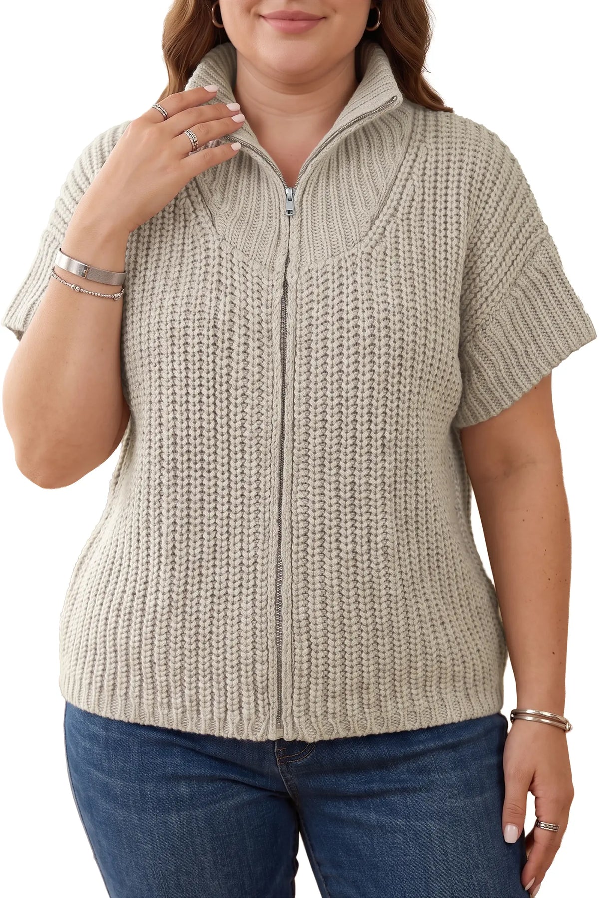 Tunic Cardigan Short Sleeve Ribbed Knit Zip-Up Plus Size