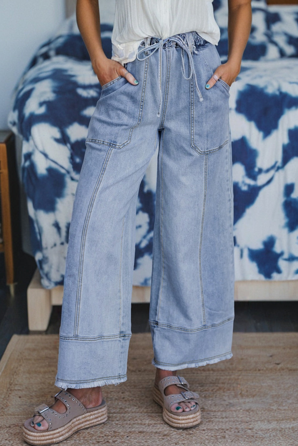 Drawstring Seam Detail Raw Hem Wide Leg Denim Jeans Dear-Lover Dropshipping
