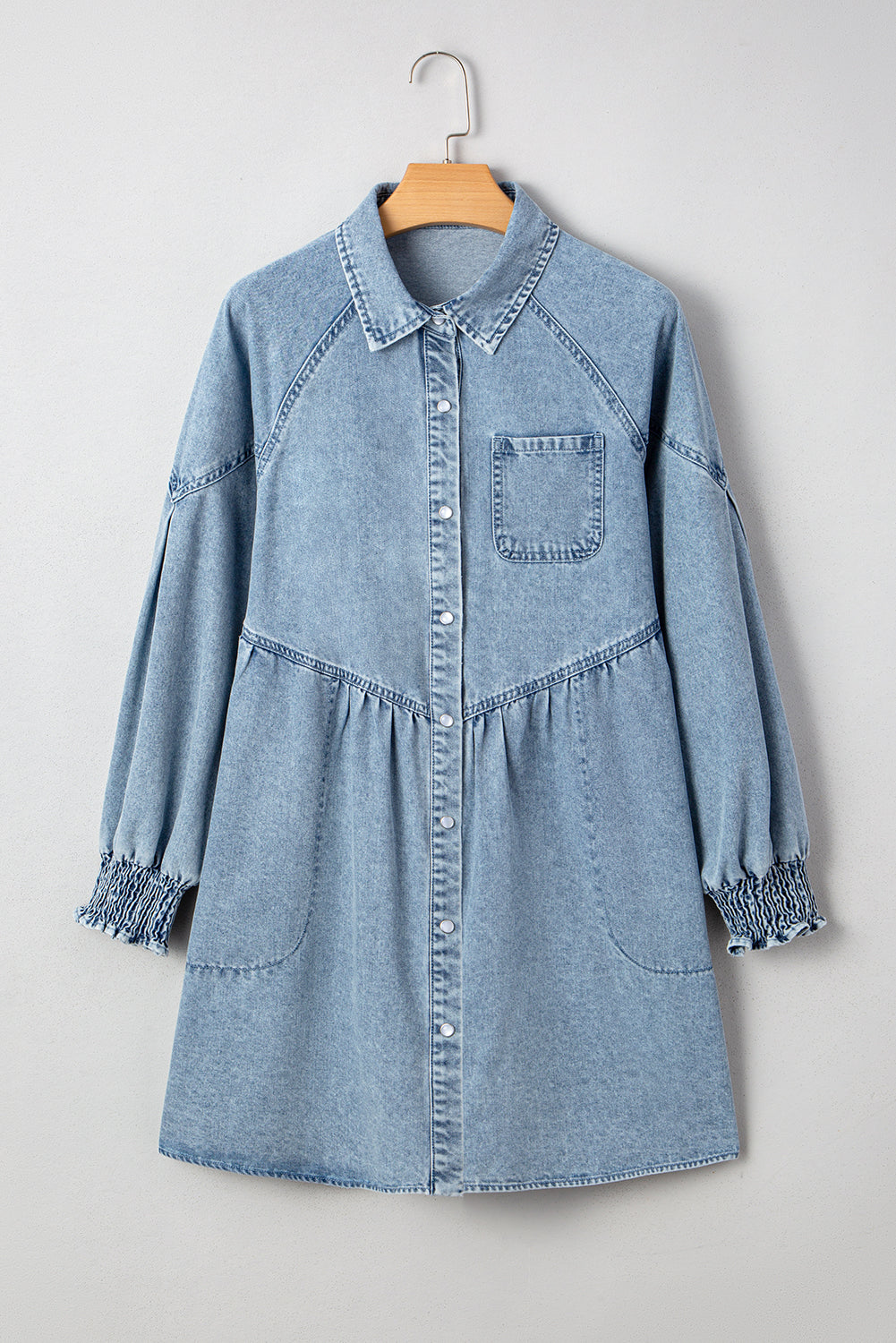 Smocked Cuffs Flared Denim Shirt Mini Dress - eAura