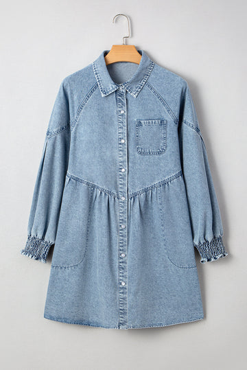 Smocked Cuffs Flared Denim Shirt Mini Dress - eAura