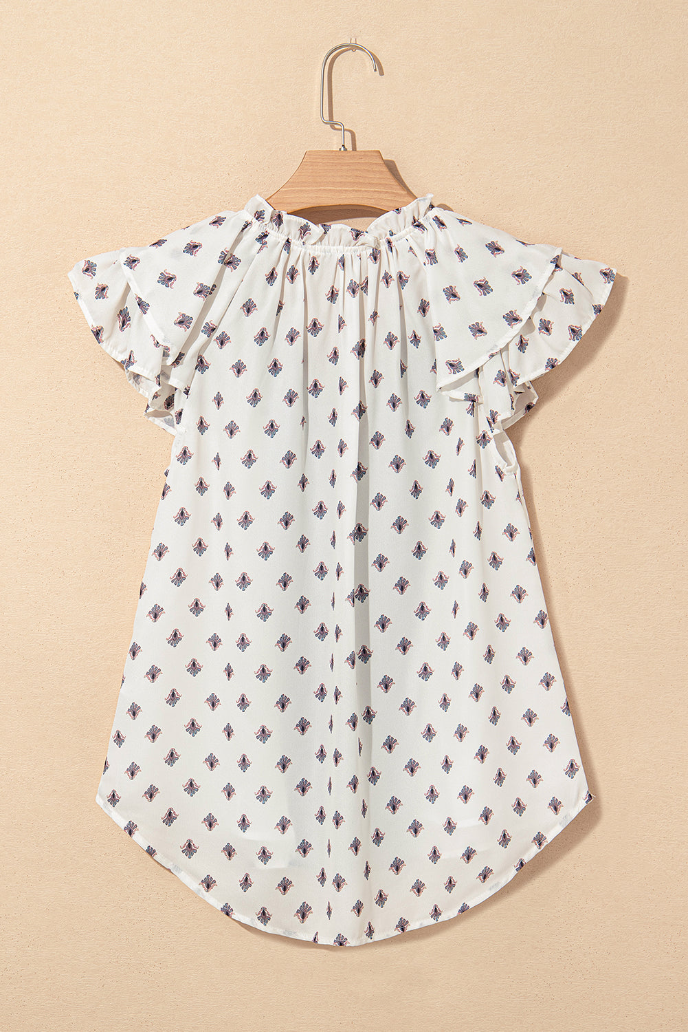 White Boho Pattern Tiered Ruffled Sleeve V Neck Buttoned Blouse eAura