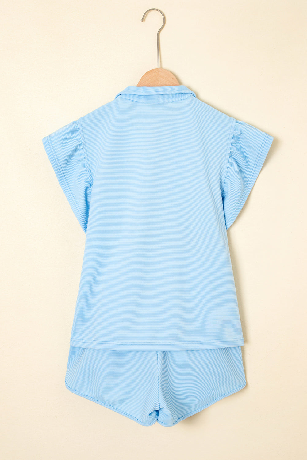 Strawberry Pink Striped Detail Flutter Sleeve Zipped Collar Short Set eAura