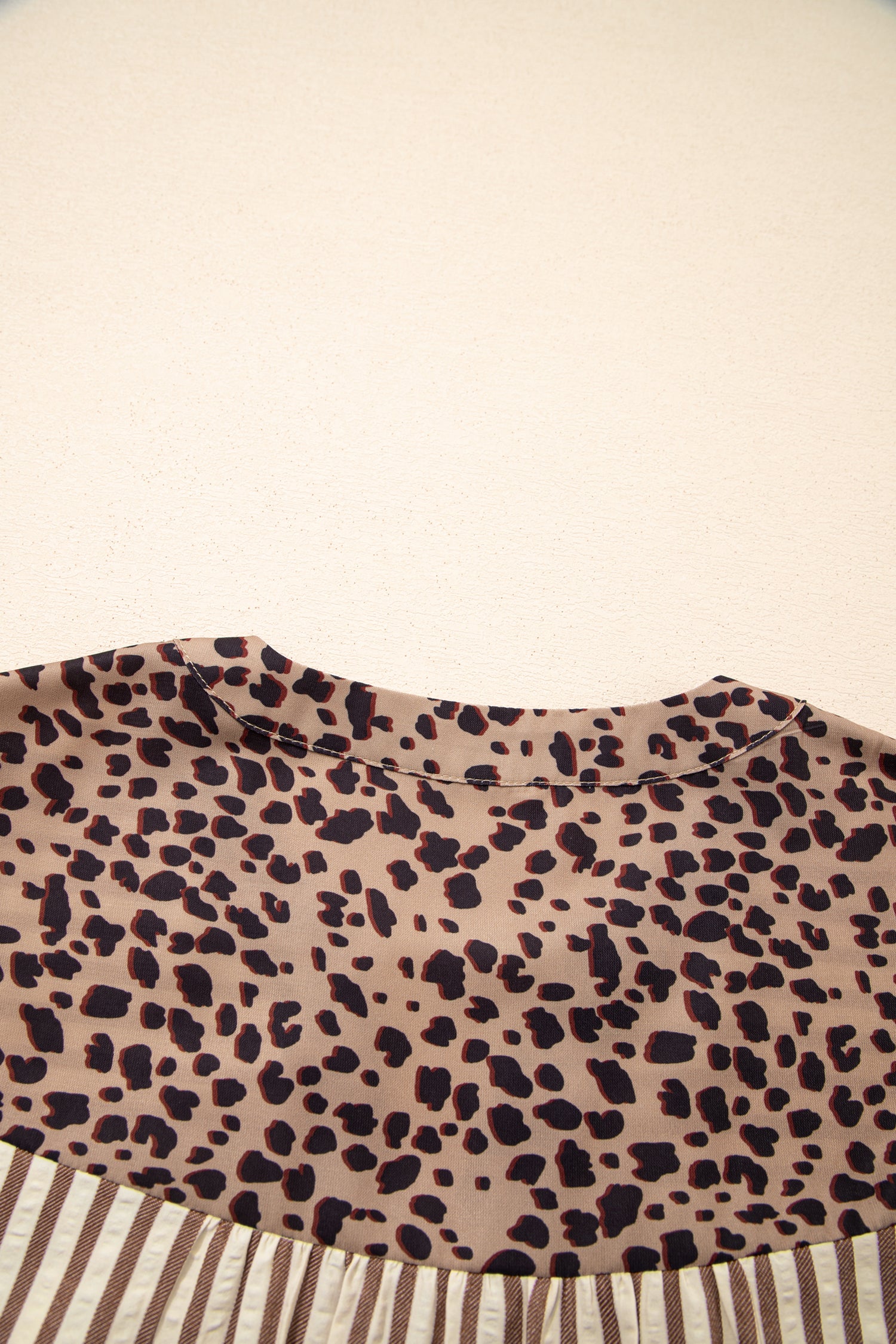 Stripe Square Button Leopard Trim Loose Bracelet Sleeve Shirt Dress