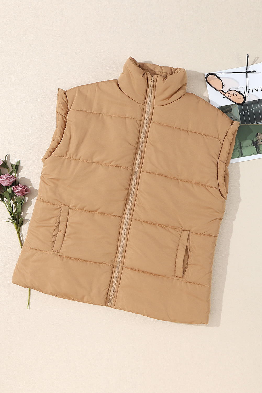 Oversized Stand Collar Zip Winter Vest – Khaki