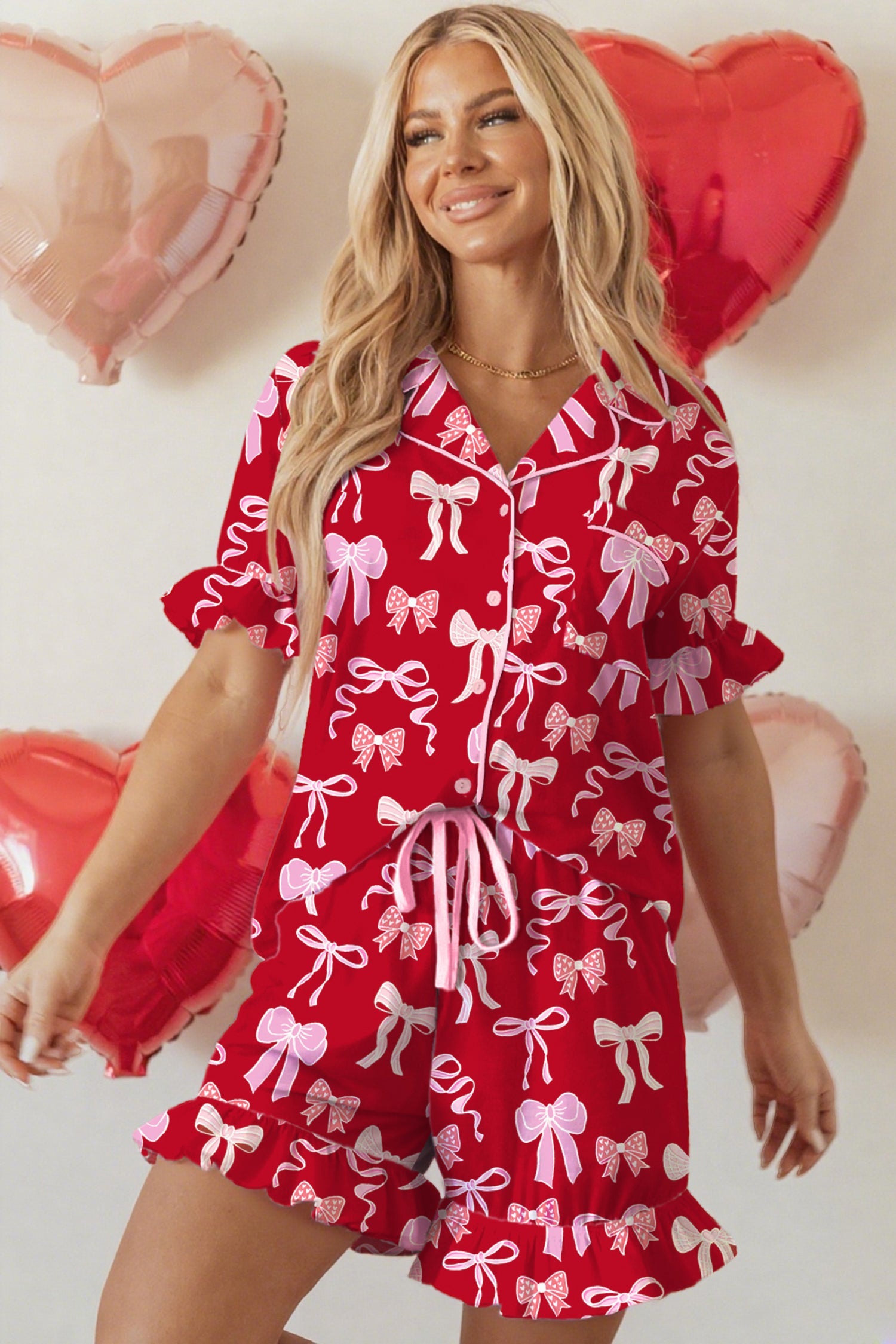Sweet Bow Print Ruffled Short Sleeve Shirt Shorts Pyjama Set - eAura