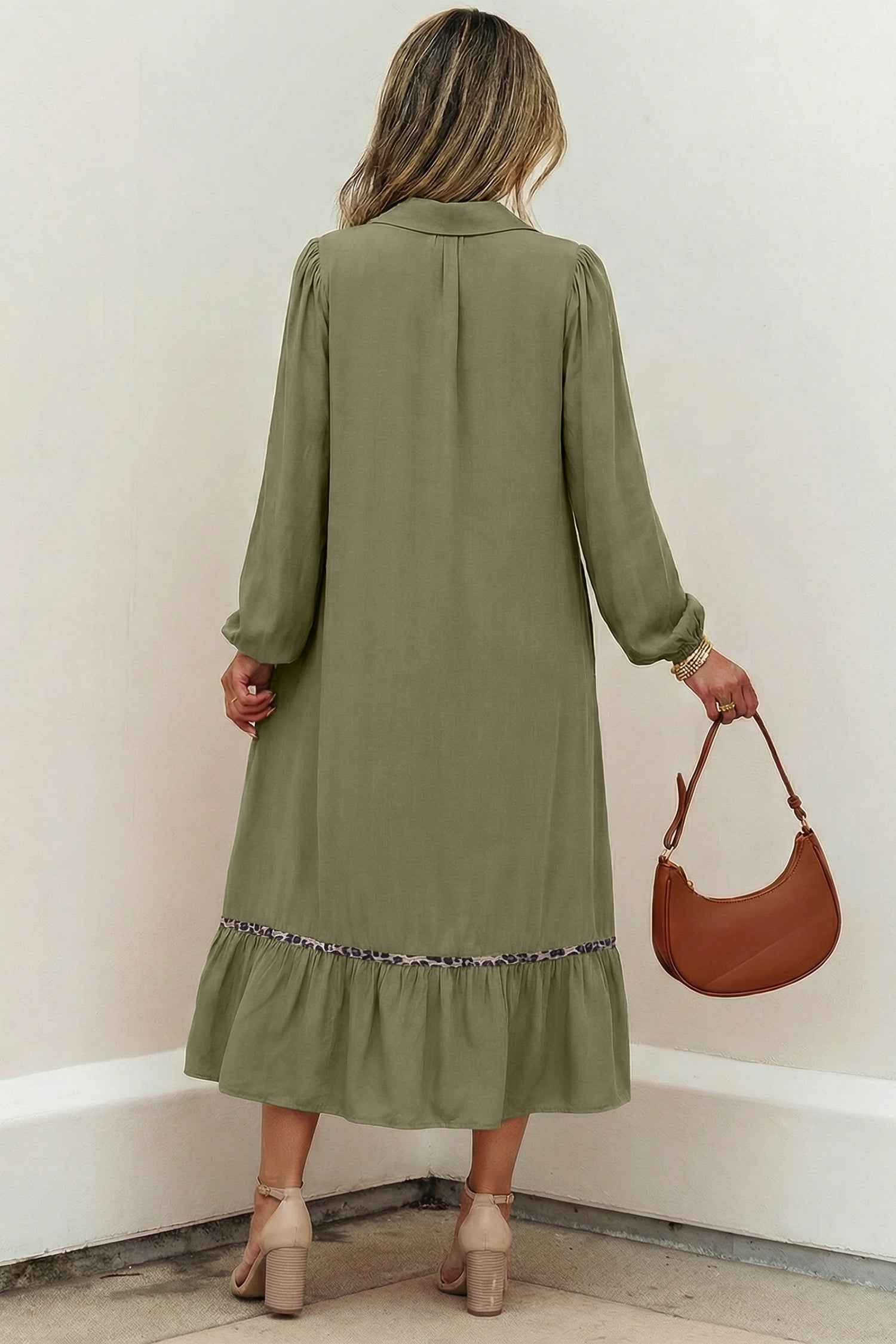 Collared V-Neck Smocked Detail Contrast Leopard Trim Bracelet Sleeve Long Dress