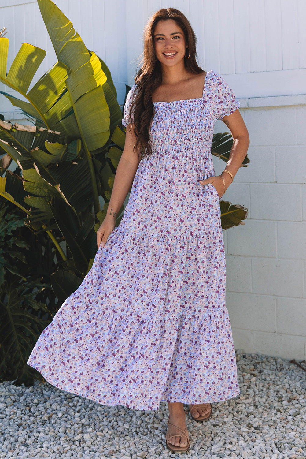 Purple Floral Short Bubble Sleeve Shirred High Waist Maxi Dress eAura