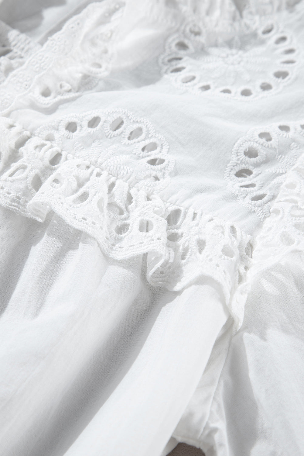 White Embroidered Lace Patchwork Tie Neck Puff Short Sleeve Blouse eAura
