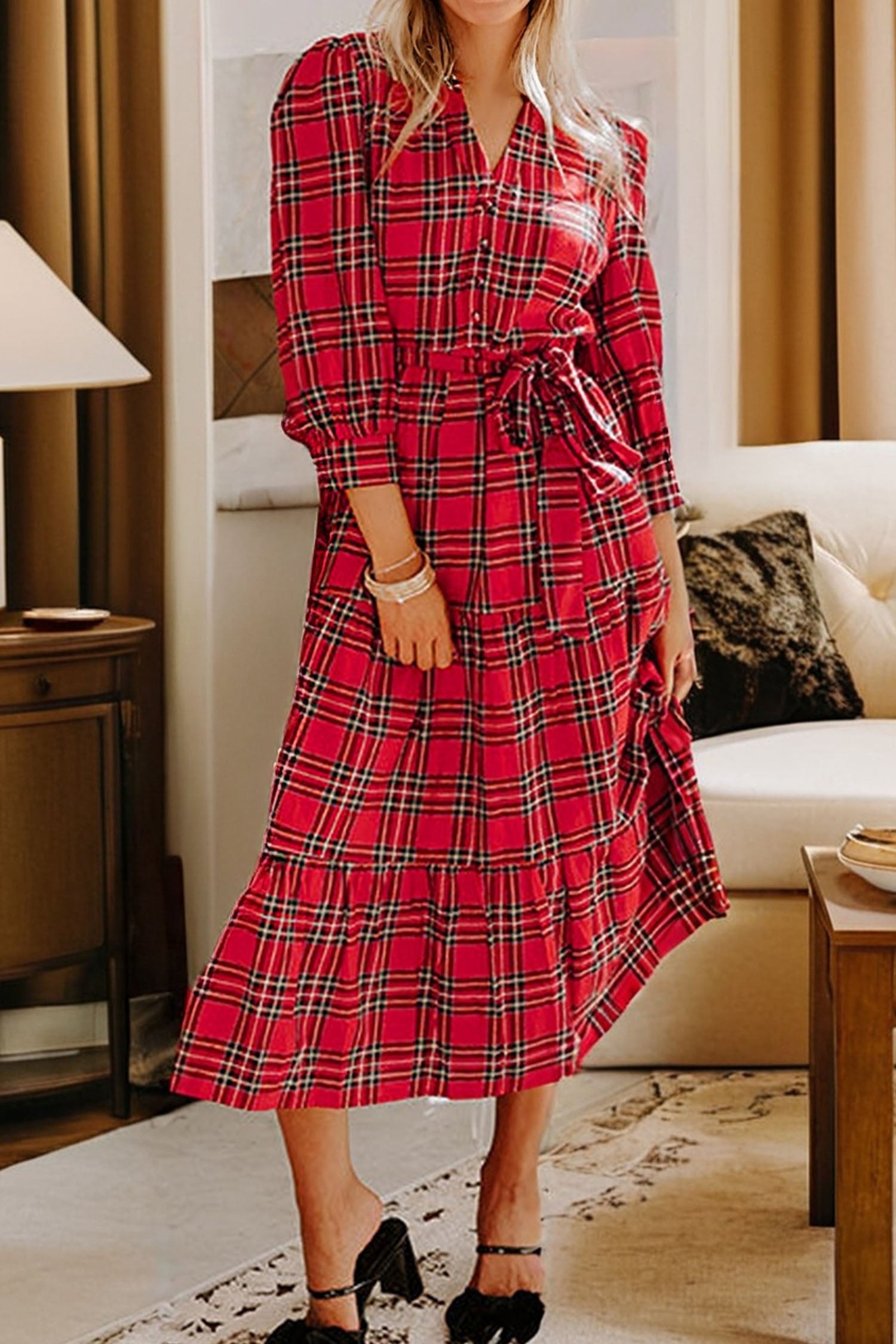 Christmas Plaid Print V-Neck 3/4 Sleeve Tie Waist Long Dress - eAura