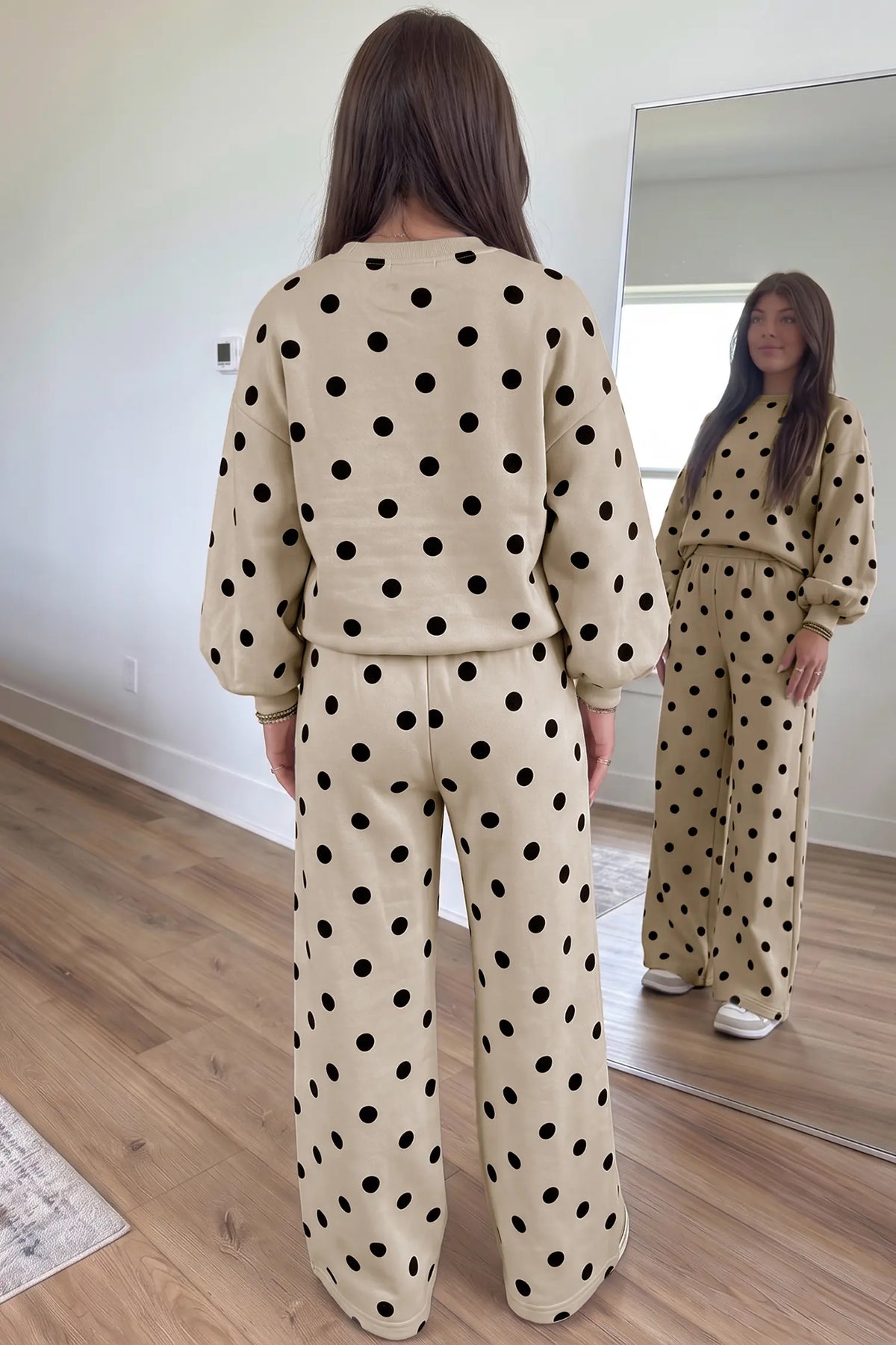 Pink Polka Dot Puff Sleeve Top Casual Pants 2pcs Set